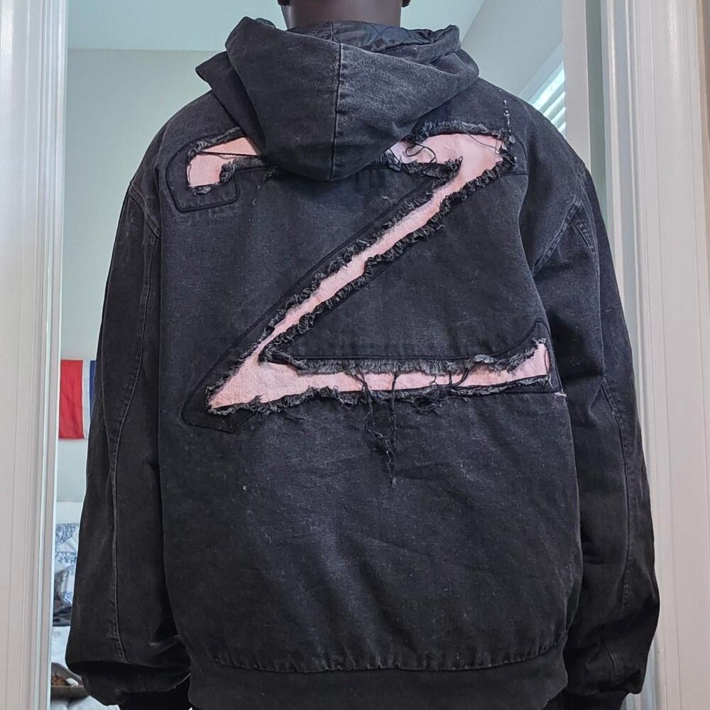 Repoze Y2K Distressed Black Denim Zip Up Hooded Jacket